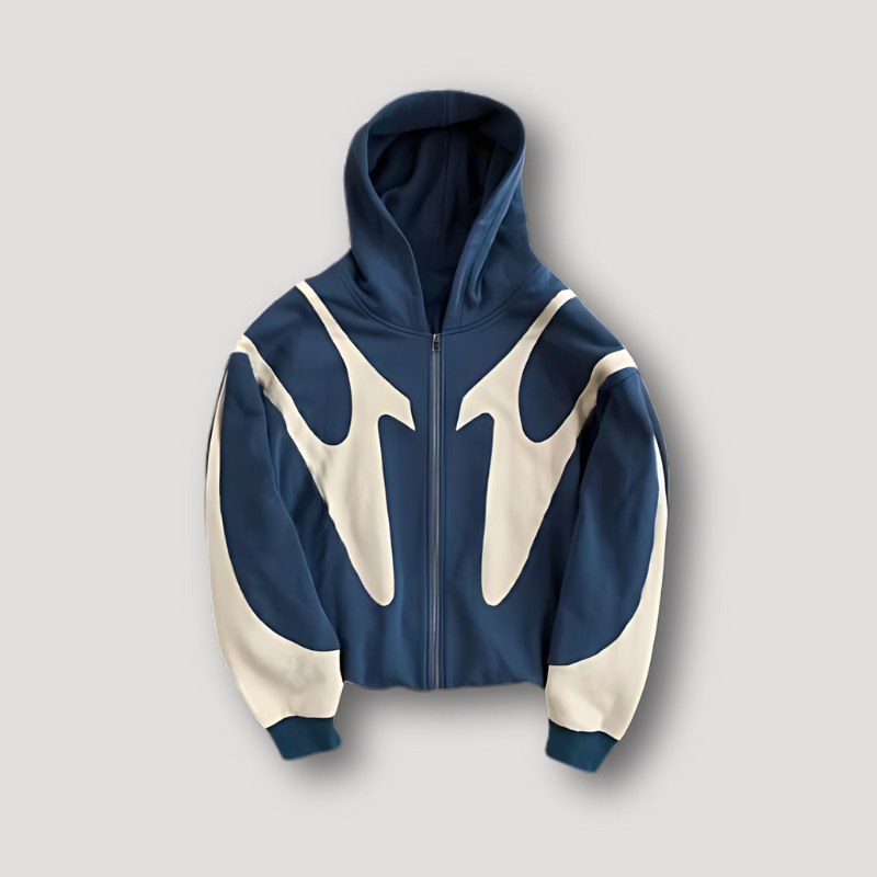 Herrehoodie med hætte, lynlås og grafisk kontrastmønster