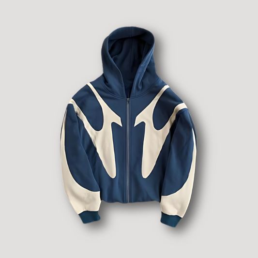 Herrehoodie med hætte, lynlås og grafisk kontrastmønster
