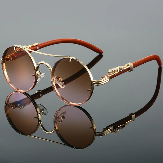 Herre Rund Solbrille | Vintage Leopard Mønster | UV400 Beskyttelse | Luksuriøs Retro Stil