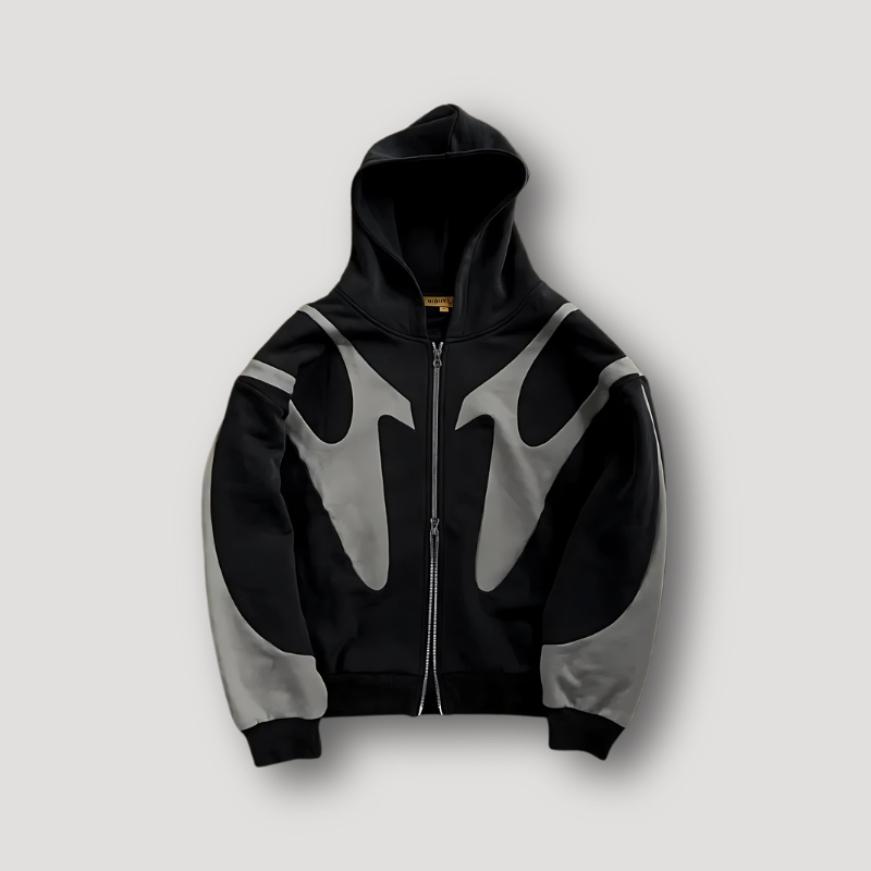 Herrehoodie med hætte, lynlås og grafisk kontrastmønster