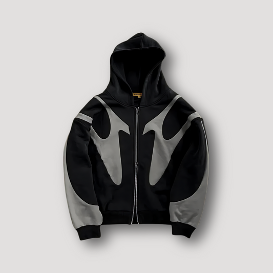 Herrehoodie med hætte, lynlås og grafisk kontrastmønster