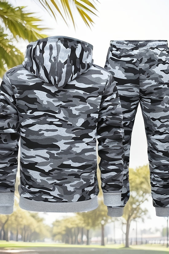 Herre Camouflage Hoodie og Sportssæt | Strikket Polyester | Lange Ærmer | Justerbar Snor i Taljen