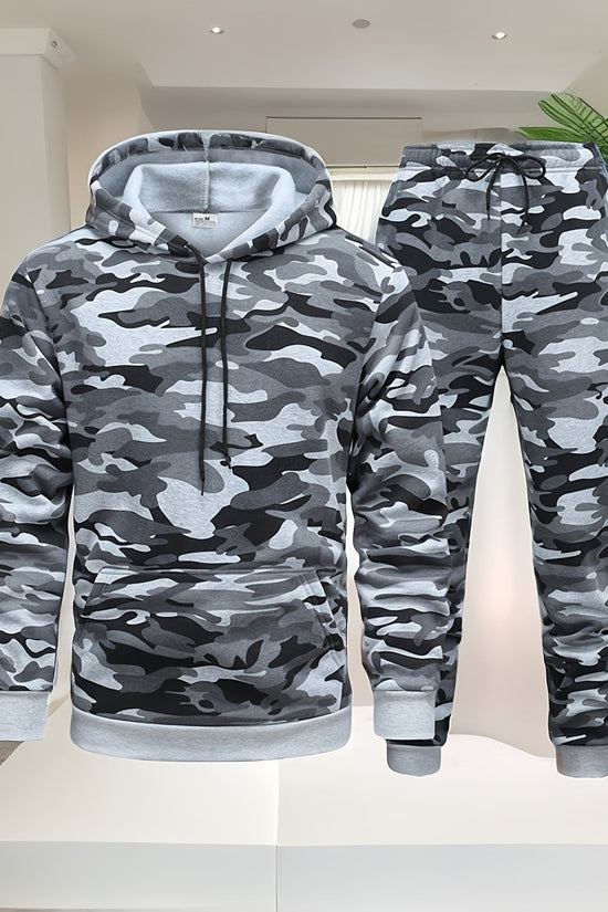 Herre Camouflage Hoodie og Sportssæt | Strikket Polyester | Lange Ærmer | Justerbar Snor i Taljen