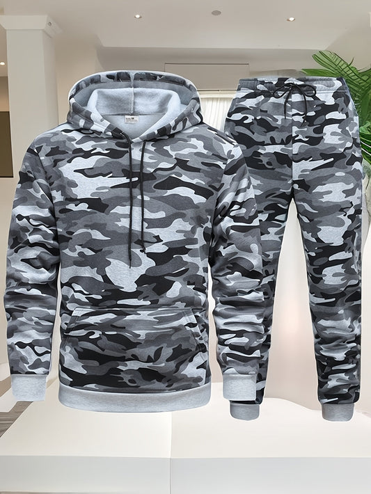 Herre Camouflage Hoodie og Sportssæt | Strikket Polyester | Lange Ærmer | Justerbar Snor i Taljen
