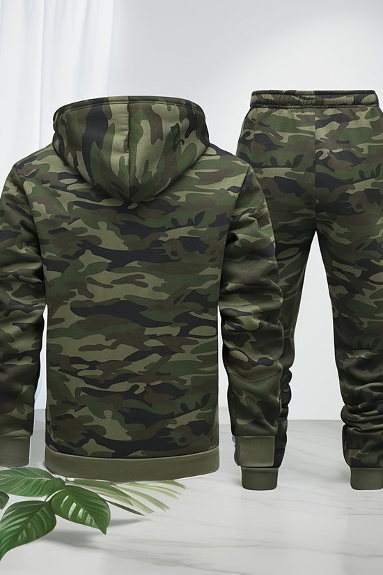 Herre Camouflage Hoodie og Sportssæt | Strikket Polyester | Lange Ærmer | Justerbar Snor i Taljen