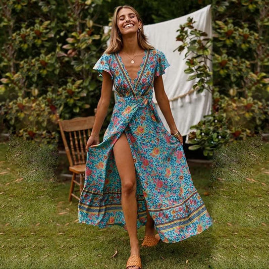 Boho Maxikjole med Omslagsdesign og Høj Slids