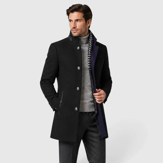 Herre trenchcoat med høj krave, knapper og lynlåslommer