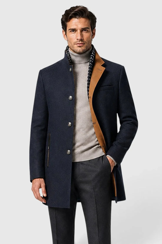 Herre trenchcoat med høj krave, knapper og lynlåslommer