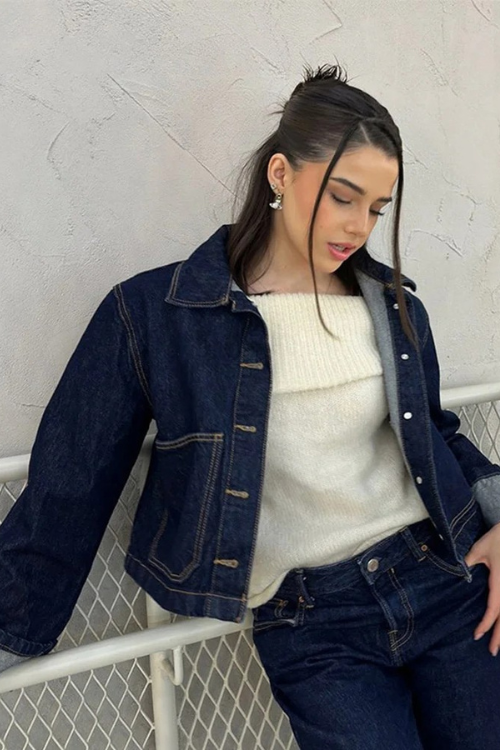Denim-Sæt, Cropped Jakke, Miniskørt
