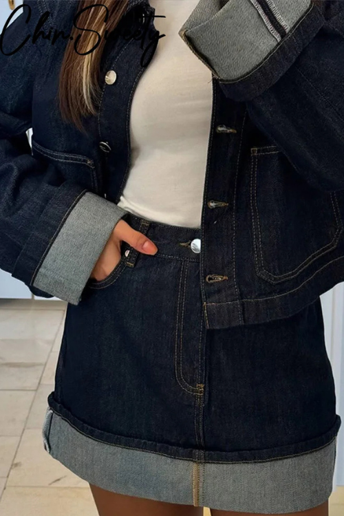 Denim-Sæt, Cropped Jakke, Miniskørt