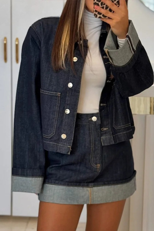 Denim-Sæt, Cropped Jakke, Miniskørt