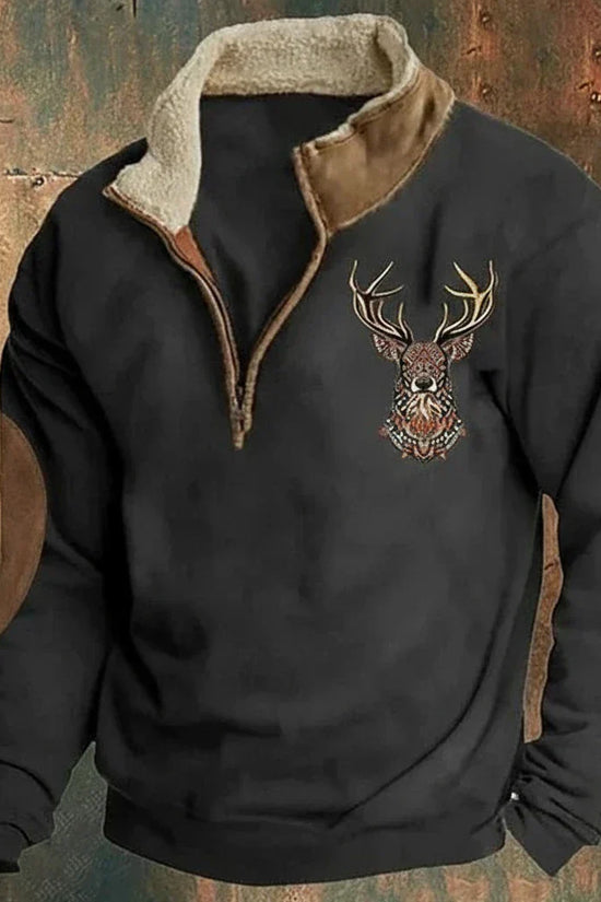 Herre sweatshirt med høj krave, halv lynlås og broderet hjortemotiv