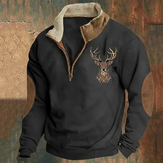 Herre sweatshirt med høj krave, halv lynlås og broderet hjortemotiv