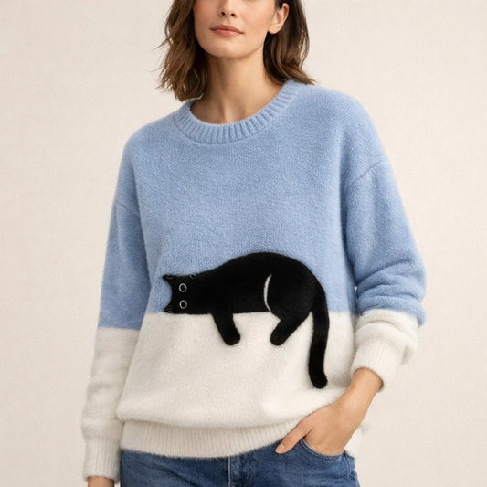 Dame Sweater med Katte Motiv Rund Hals Lang Ærme Ribbet Kant – Weekend Udflugt