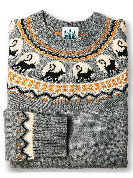 Dame striktrøje med flerfarvet Fair Isle-mønster, rund hals og lange ærmer