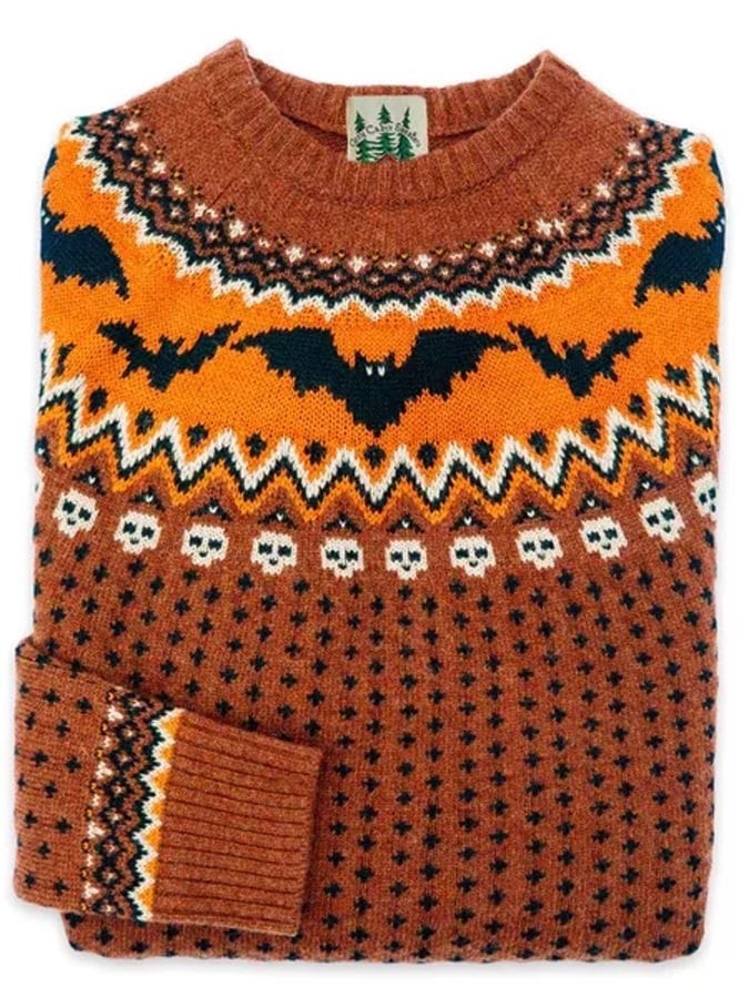 Dame striktrøje med flerfarvet Fair Isle-mønster, rund hals og lange ærmer